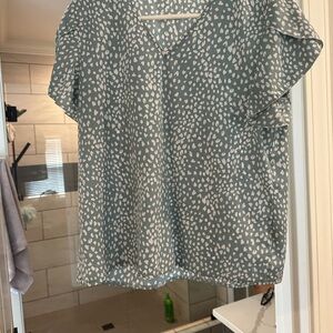 SHEIN V-Neck Blouse - Blue and White Print